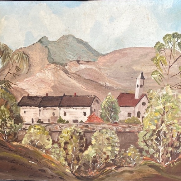 Scenic Landscape Painting with Church - Brown and Green Tones